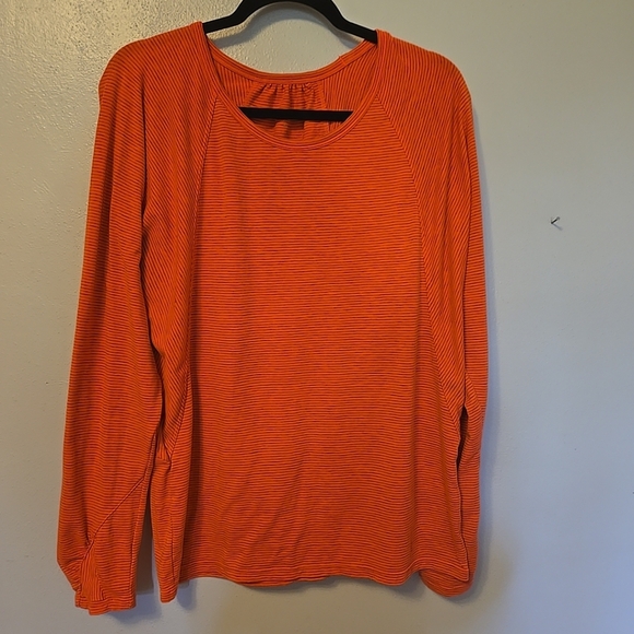 Athleta Shadow Stripe Long Sleeve Chi Tee Bright Orange L - Picture 1 of 5